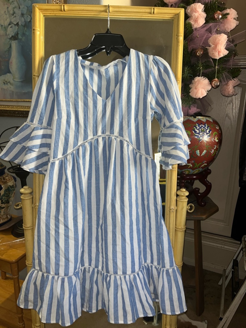 Striped Blue & White Ruffle Mini Dress - Picture 2 of 4